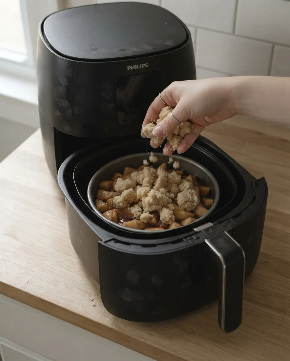 A hand scattering streusel clumps over the par-baked apple filling in a Philips air fryer basket
