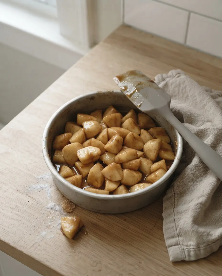 Apple chunks tossed with brown sugar, cinnamon and cornstarch in a metal pan, glossy and coated