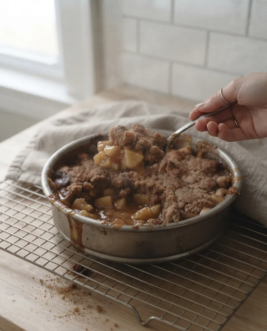 A spoon lifting a scoop of air fryer apple crumble from the pan, showing tender cinnamon apples under a craggy brown topping