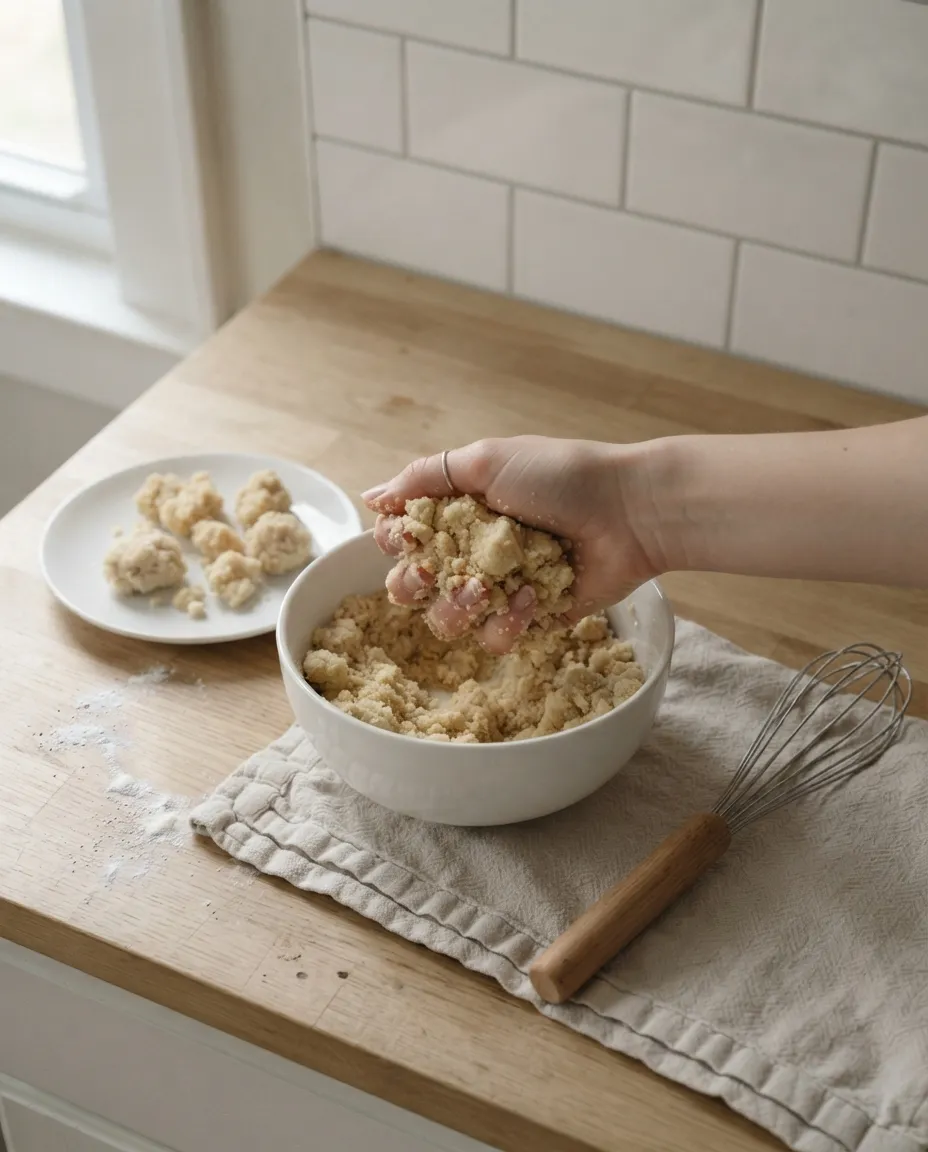 A hand squeezing streusel topping into clumps over a white bowl, a plate of marble-size clumps alongside