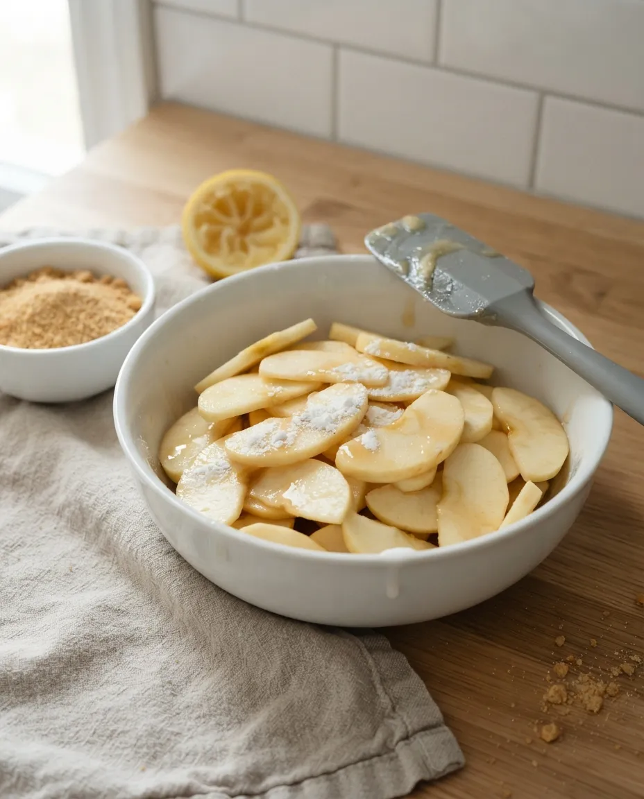 Sliced apples tossed with sugar and cornstarch in a white bowl