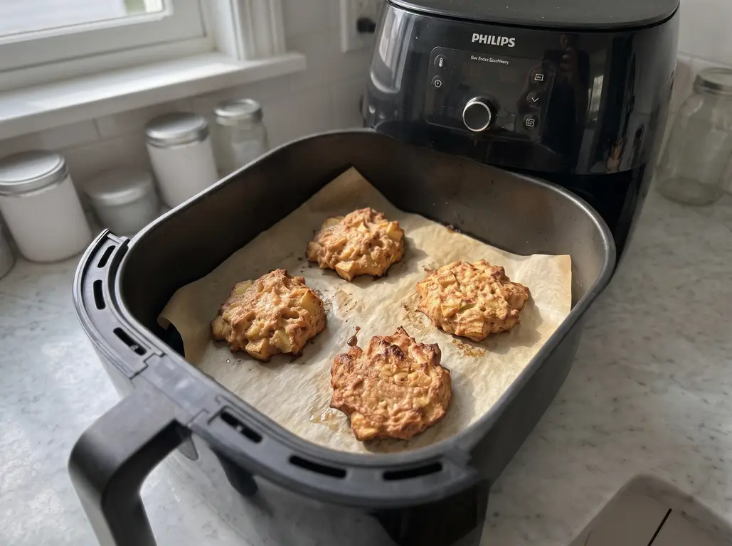 Four deeply golden baked apple fritters on parchment inside a Philips air fryer basket