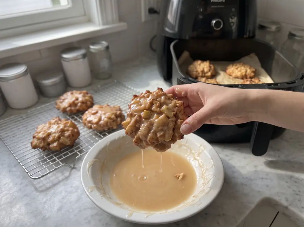 A hand dipping a warm apple fritter top-down into a bowl of apple cider glaze, a cooling rack of glazed fritters and the air fryer behind