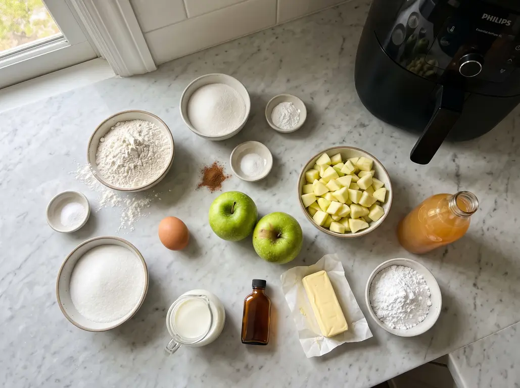 Apple fritter ingredients on a marble counter: bowls of flour, sugar, baking powder, cinnamon, salt and powdered sugar, an egg, two green apples, a bowl of diced apple, a bottle of cider, a jug of milk, vanilla, and a stick of butter beside a black air fryer
