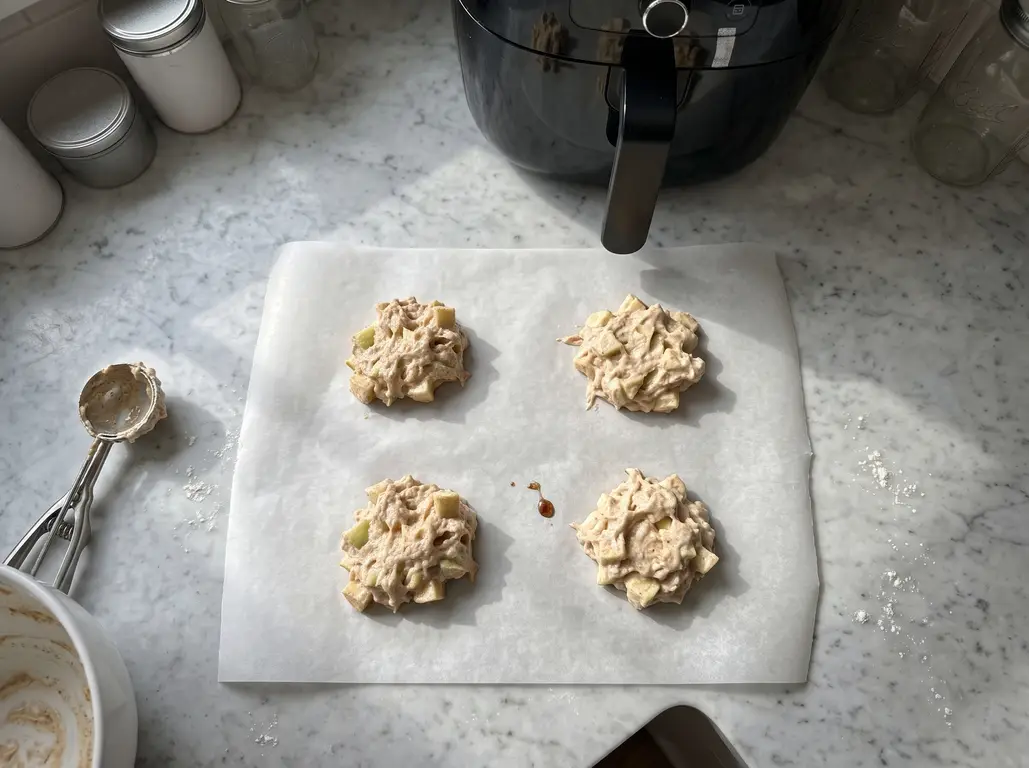 Four craggy mounds of raw fritter batter scooped onto a sheet of parchment on the counter, a scoop and batter bowl nearby, air fryer behind