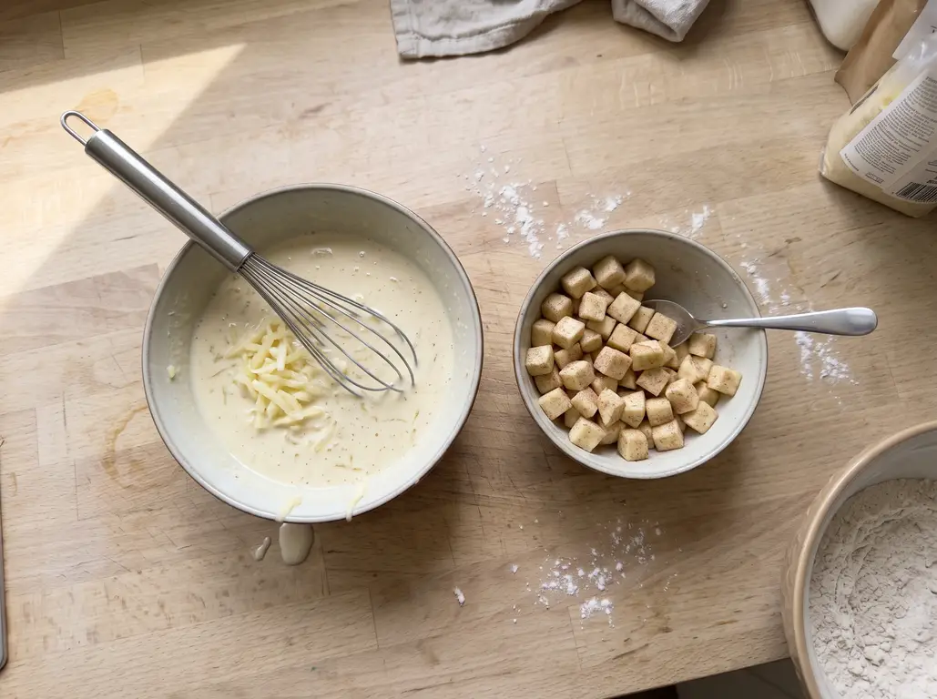 Diced apple tossed in a spoonful of the flour mix so it stays suspended in the batter