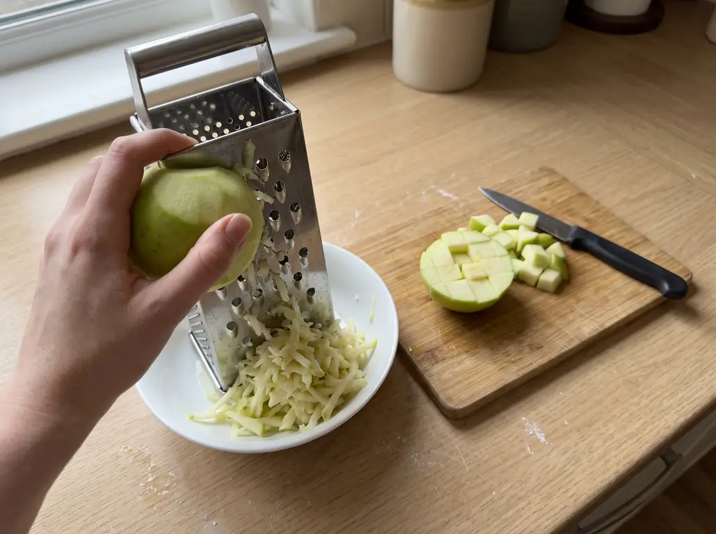 One apple prepped two ways for muffins: half coarsely grated, half in a small dice