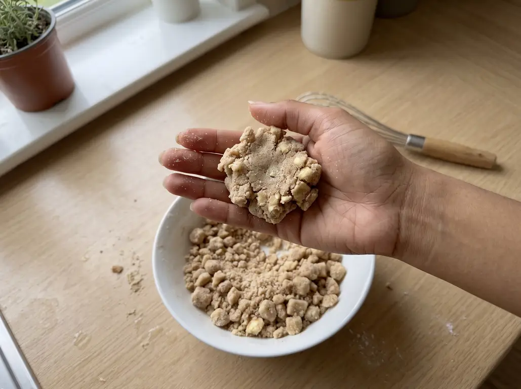 Streusel squeezed into firm pea and chickpea sized clumps so the fan cannot scatter it