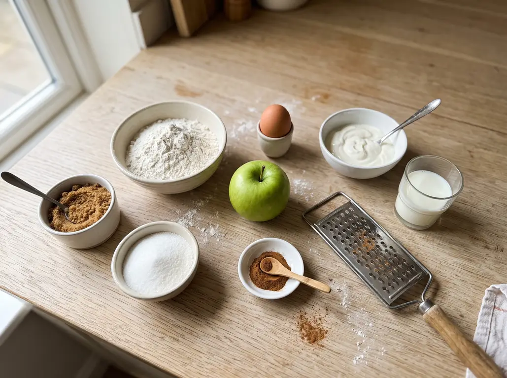 Ingredients for air fryer apple muffins: an apple, flour, sour cream, egg, brown sugar, cinnamon and streusel butter