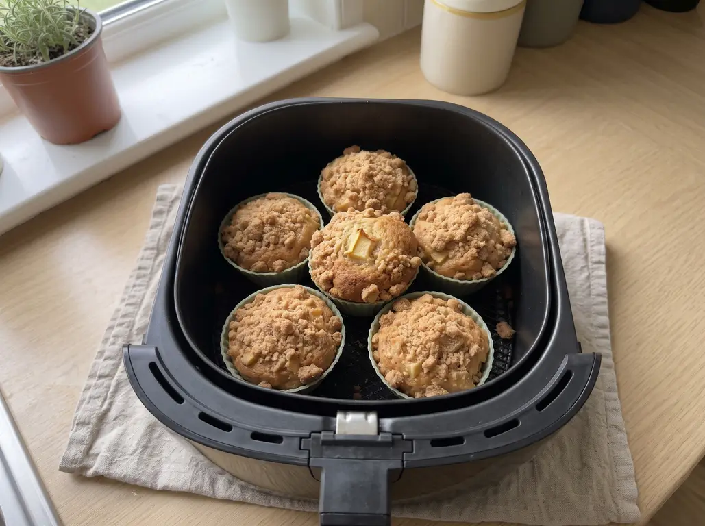 Air fryer apple muffins fresh from the basket with domed streusel tops