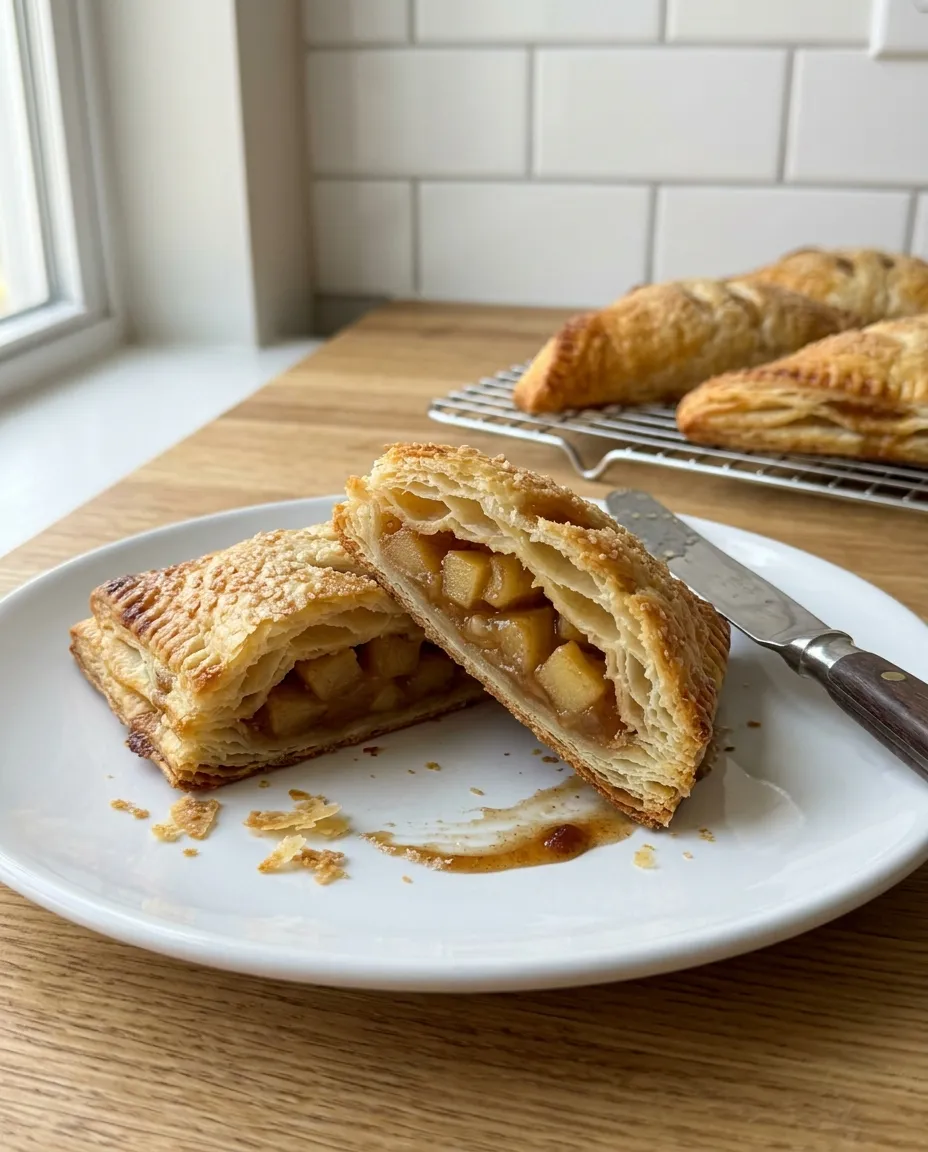 An air fryer apple turnover cut in half on a plate showing thick cinnamon apple filling and visible puff pastry layers, with more turnovers on a rack behind