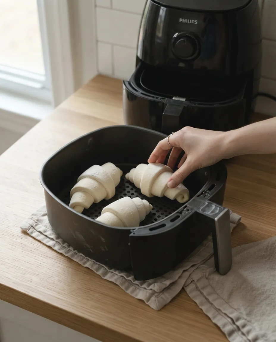 Placing frozen croissants flat side down in an air fryer basket with space between them