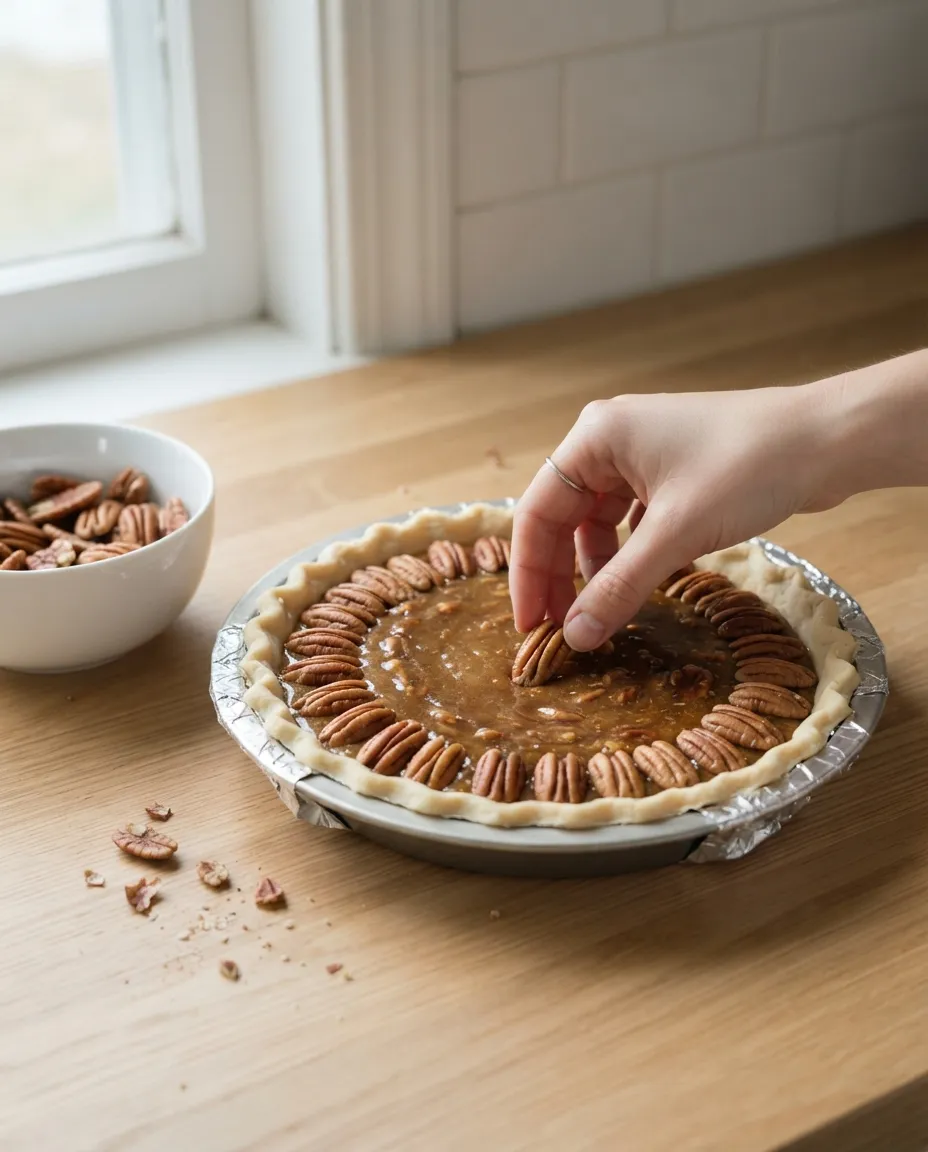 A hand arranging pecan halves in rings on top of an unbaked pecan pie with a foil ring on the crust rim