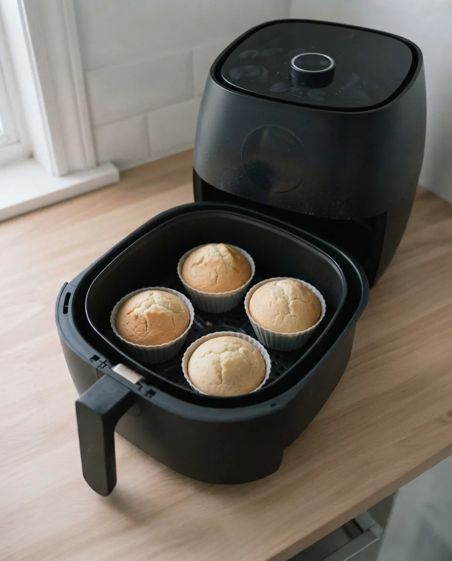Four golden domed muffins in silicone cups in an air fryer basket