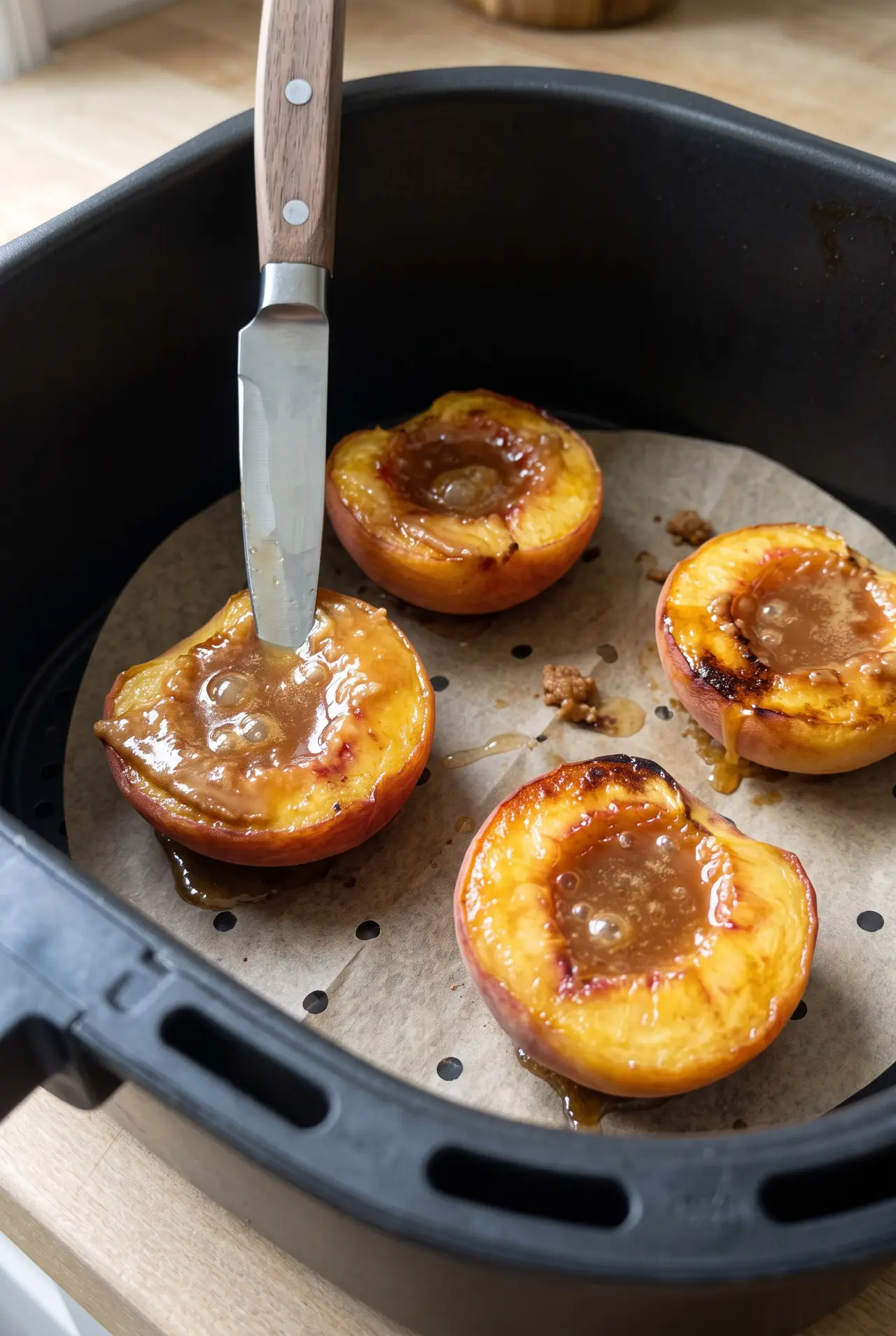 A knife sliding into the shoulder of a baked peach half, sauce bubbling in the cavity