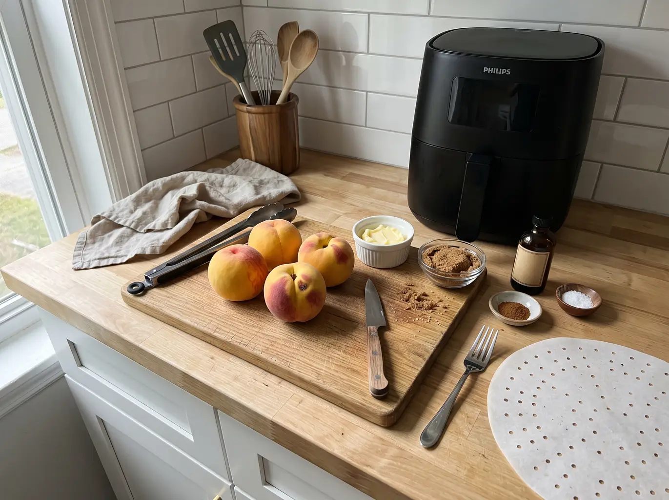 Baked peach ingredients on a wooden board: ripe peaches, softened butter, brown sugar, cinnamon, vanilla, salt and a round of perforated parchment