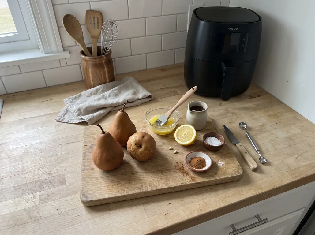 Baked pear ingredients on a wooden board: two Bosc pears, melted butter, maple syrup, lemon, cinnamon, salt and a melon baller