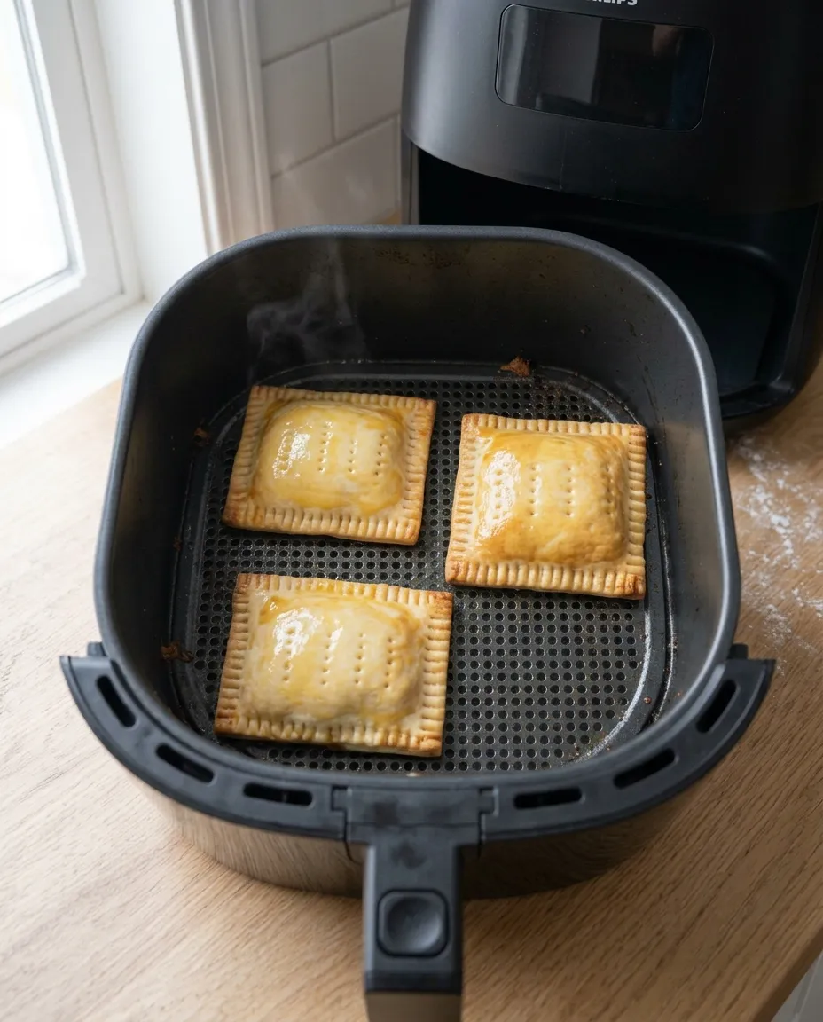 Three baked golden pop tarts steaming in an air fryer basket, tops glossy from the egg wash with the docking holes still visible