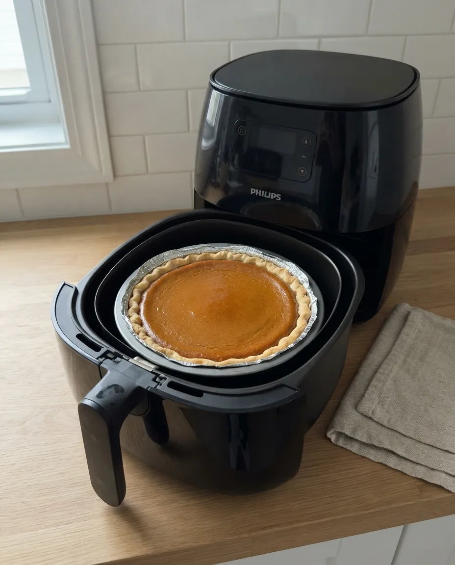 A baked pumpkin pie with a smooth, uncracked surface in an open air fryer basket