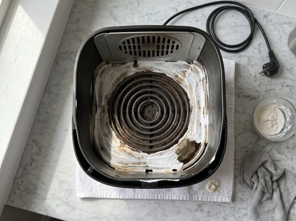 Baking soda paste spread on the metal around an air fryer heating element