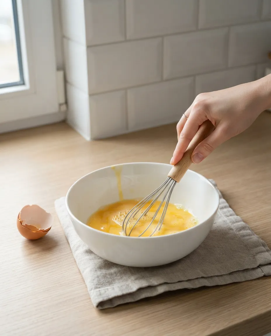 Whisking an egg wash in a small white bowl