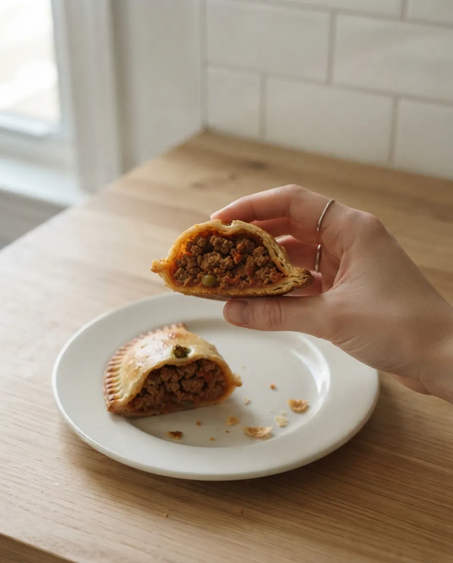 A beef empanada broken open to show thick filling inside a crisp crust