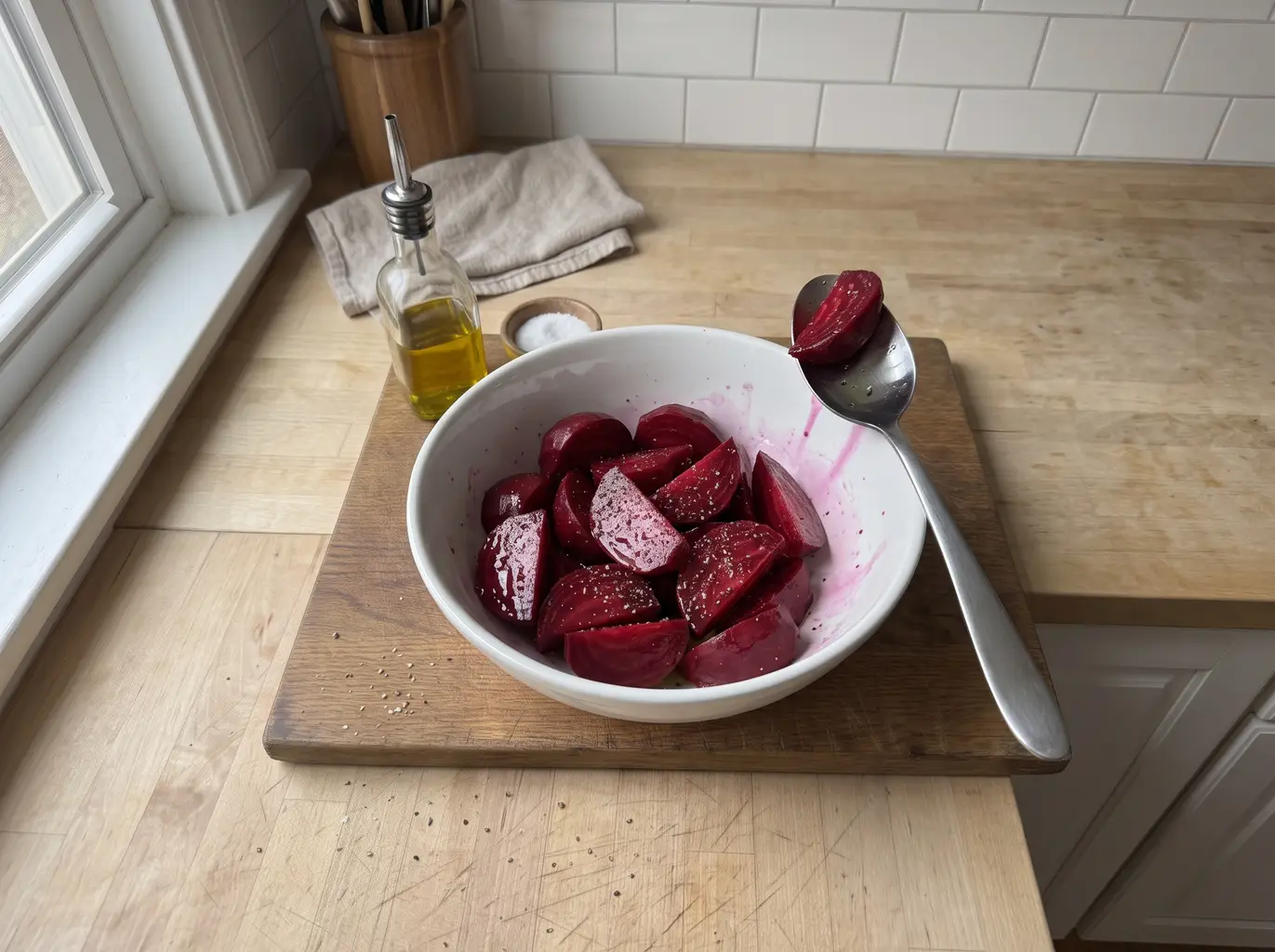Beet wedges tossed in oil and salt before air frying