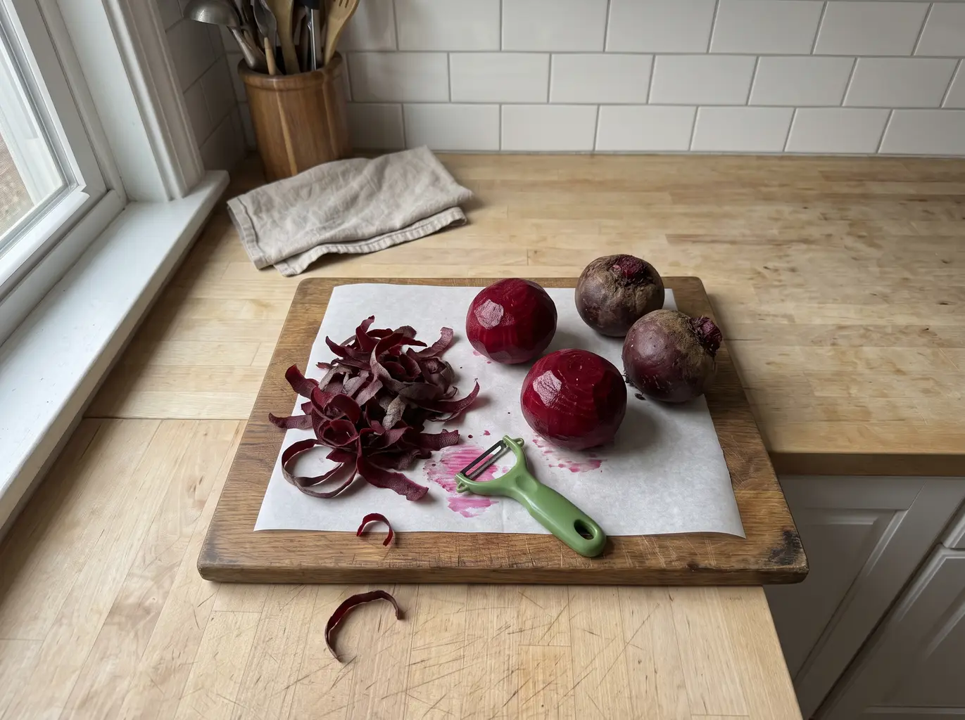 Raw beets peeled with a Y-peeler over parchment
