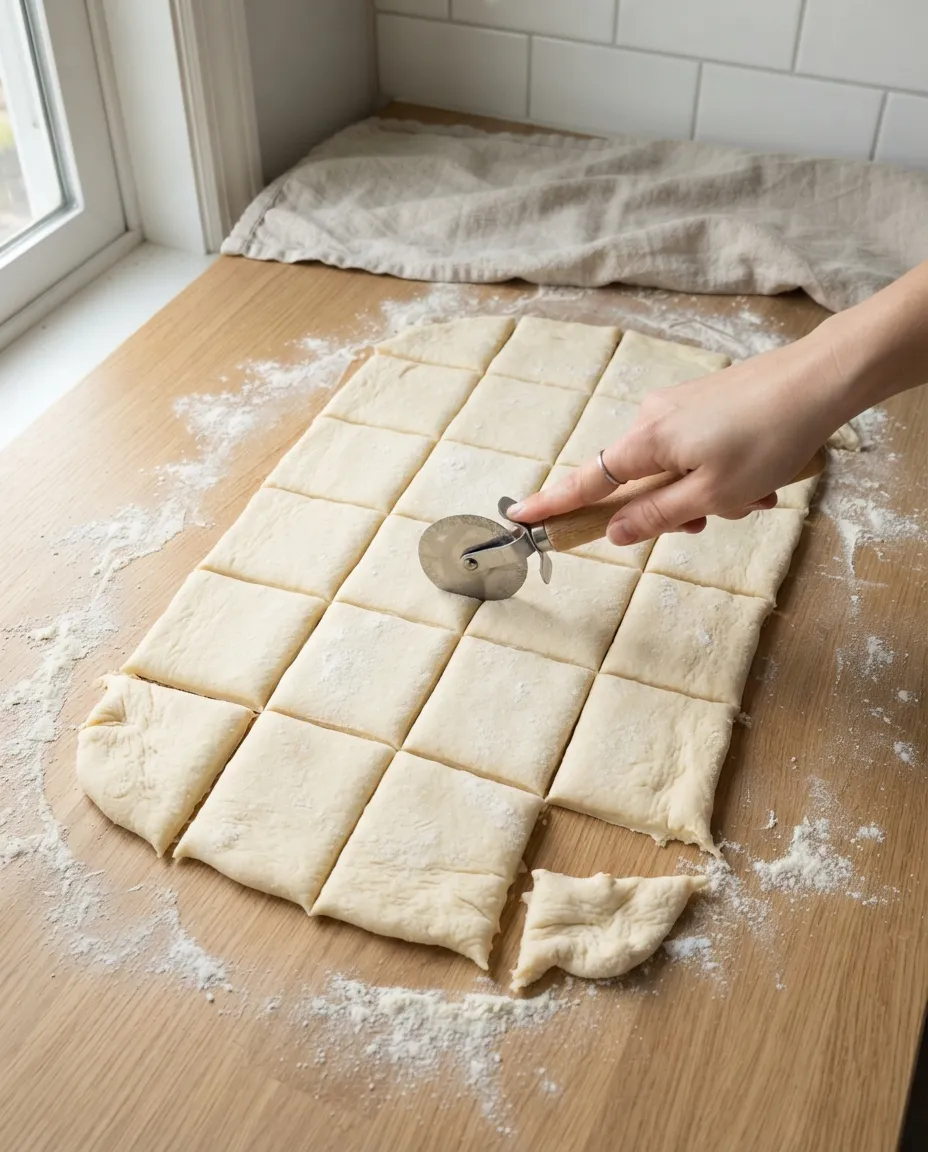 Cutting a rolled rectangle of beignet dough into squares with a pizza wheel on a floured counter