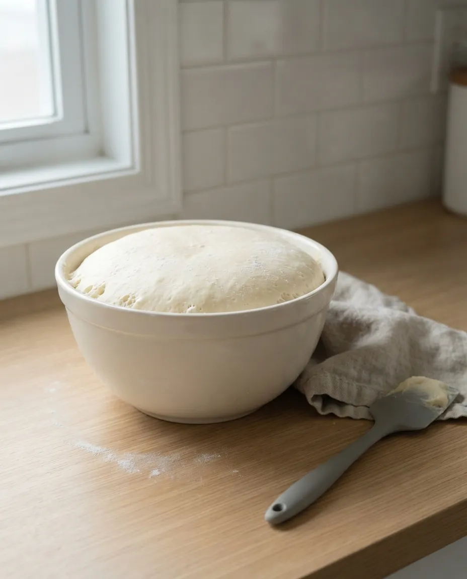 Soft beignet dough risen and domed above the rim of a white mixing bowl