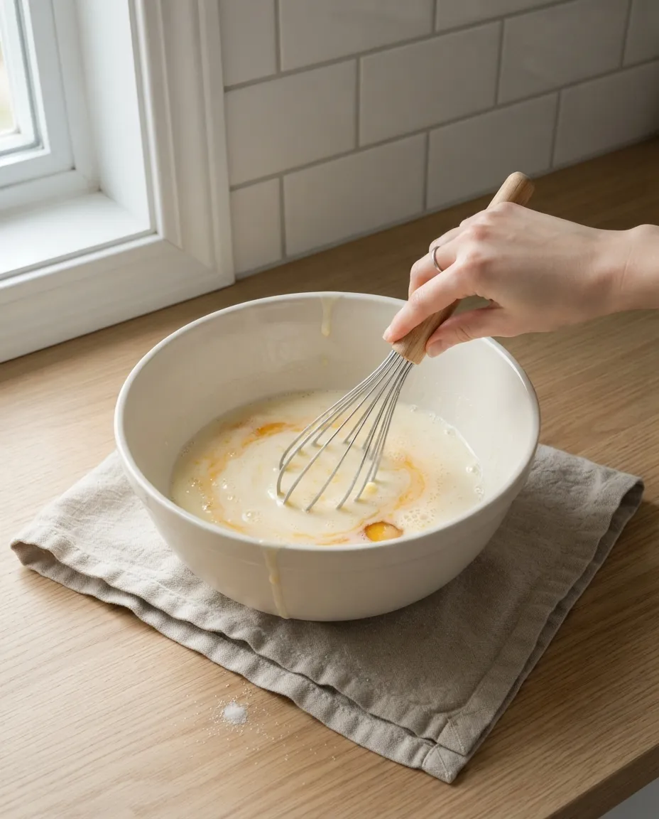 Whisking warm milk, yeast, sugar and an egg together in a large white mixing bowl
