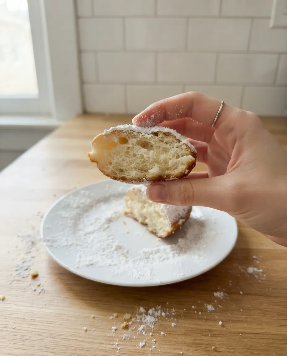 A sugared beignet torn open to show a soft, set, open crumb inside