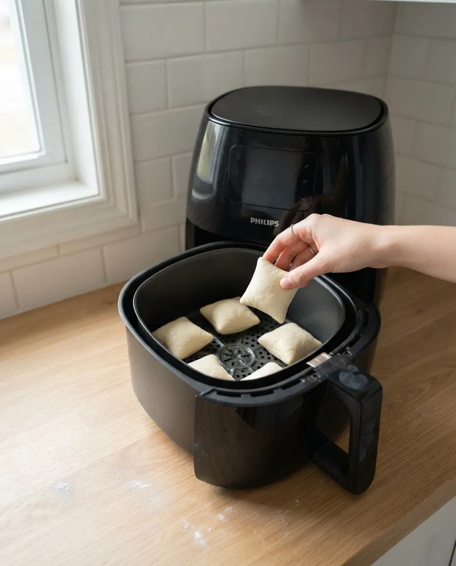 Placing rested, slightly puffed beignet squares into an air fryer basket with space between them