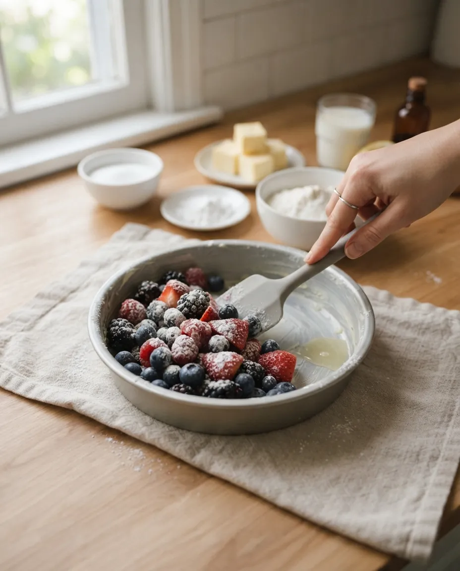 Mixed berries dusted with sugar and cornstarch being stirred in a buttered round pan