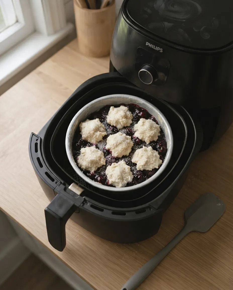 Mounds of biscuit dough spaced over bubbling berry filling in a pan in an air fryer basket