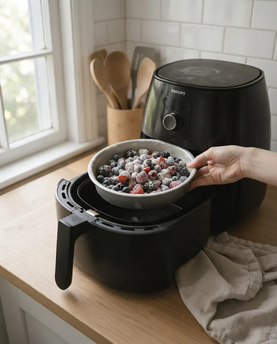 A hand setting a pan of sugared berries into an air fryer basket