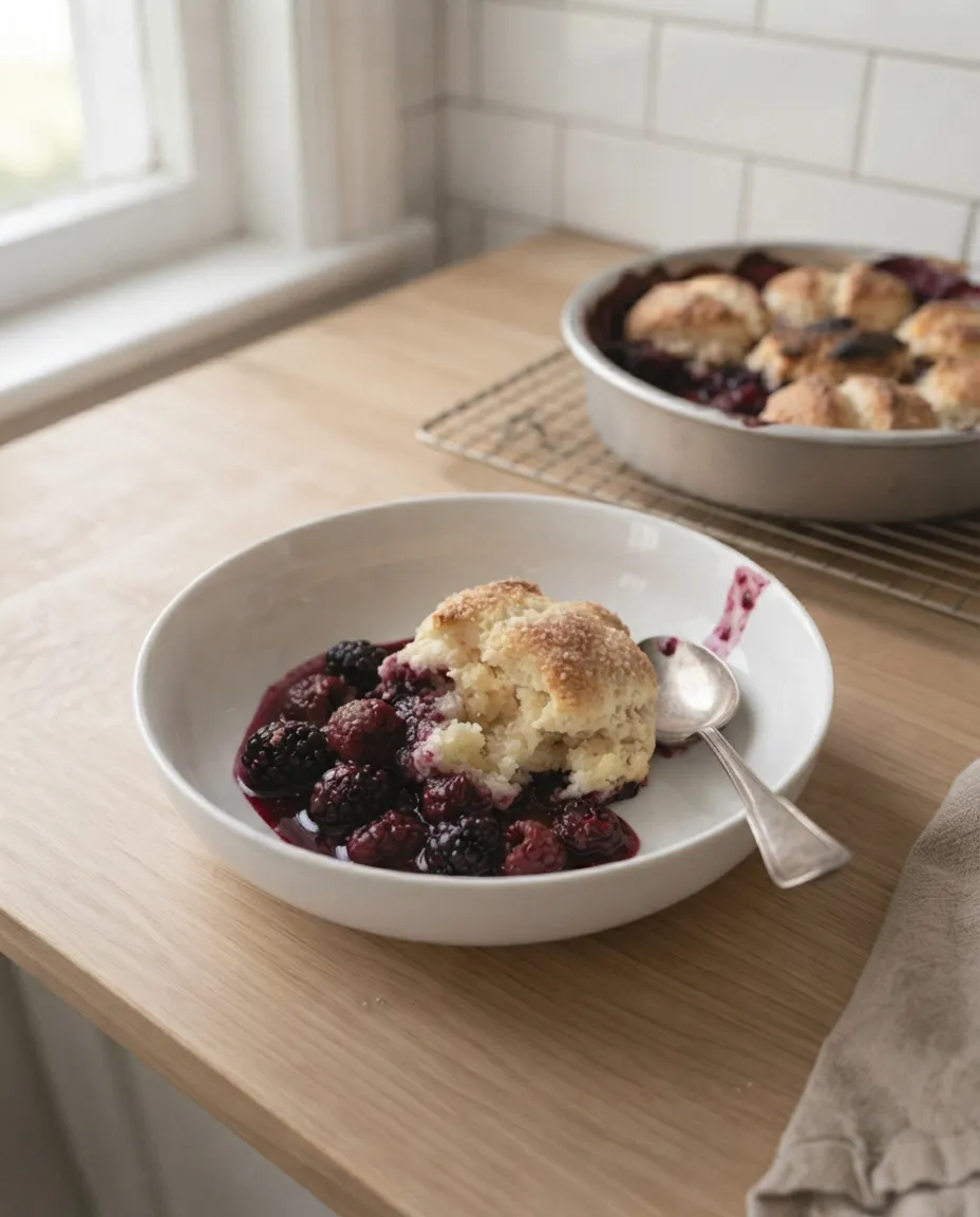 A bowl of warm berry cobbler with a split sugar-topped biscuit over dark berry filling, the pan cooling behind it