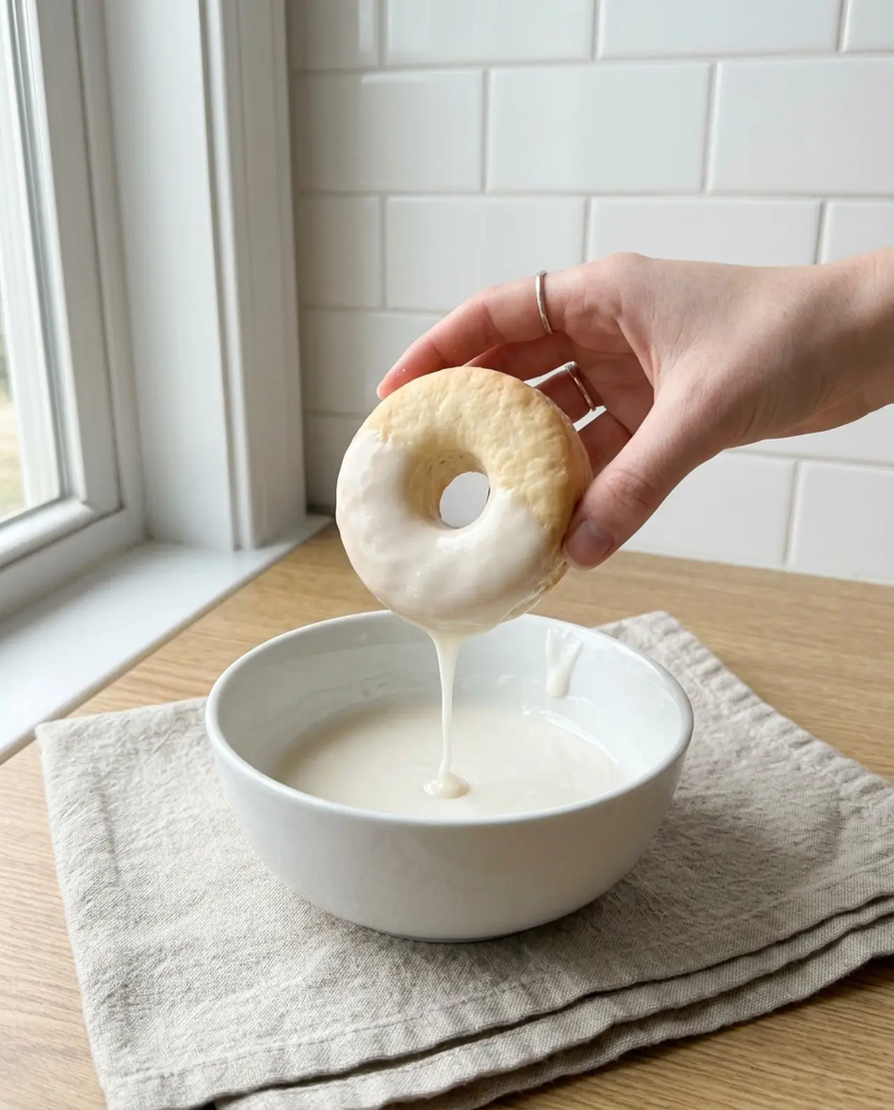 Dipping a warm air fryer biscuit donut face down into a bowl of vanilla glaze
