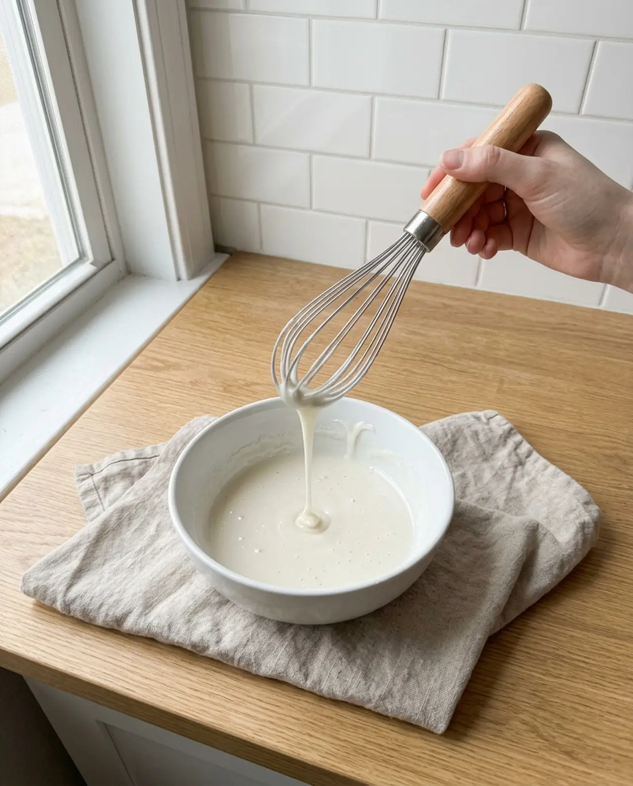 Vanilla glaze falling from a whisk in a thick unbroken ribbon into a white bowl