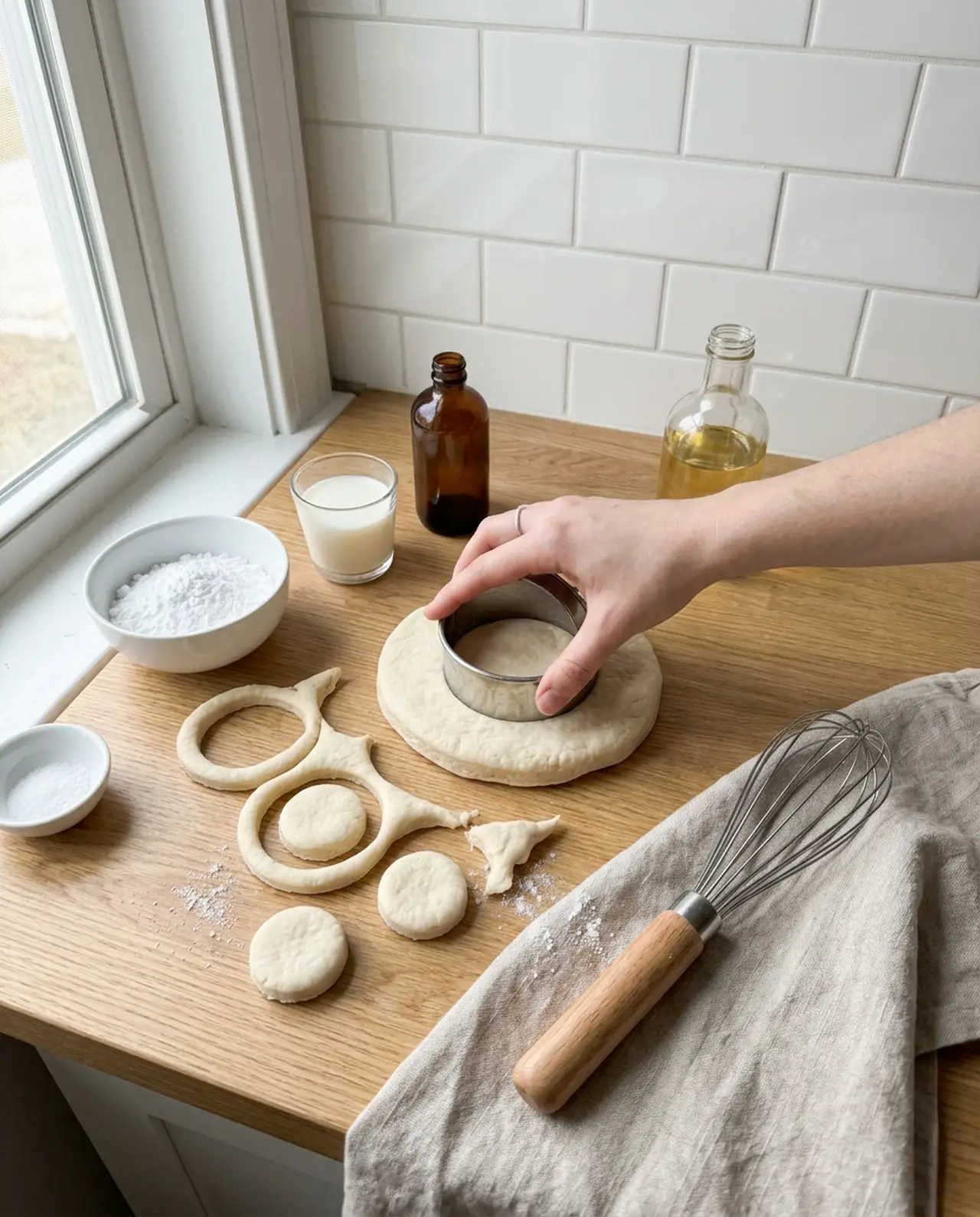Cutting the centers out of canned biscuits with a round cutter to make donut rings