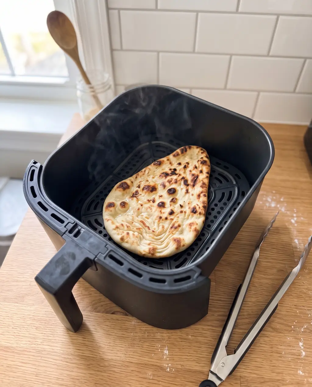 Cooked naan in the air fryer basket with deep brown blistered spots across the top, steam rising