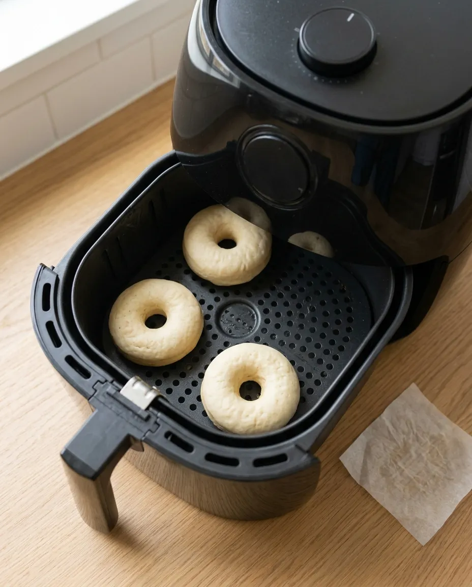 Pale blonde yeast donuts in the air fryer basket after the flip, a used parchment square beside the basket