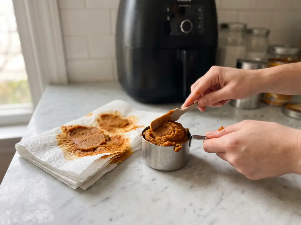 Hands scraping blotted, concentrated pumpkin paste from paper towels into a metal measuring cup, the water-stained towels alongside on a marble counter