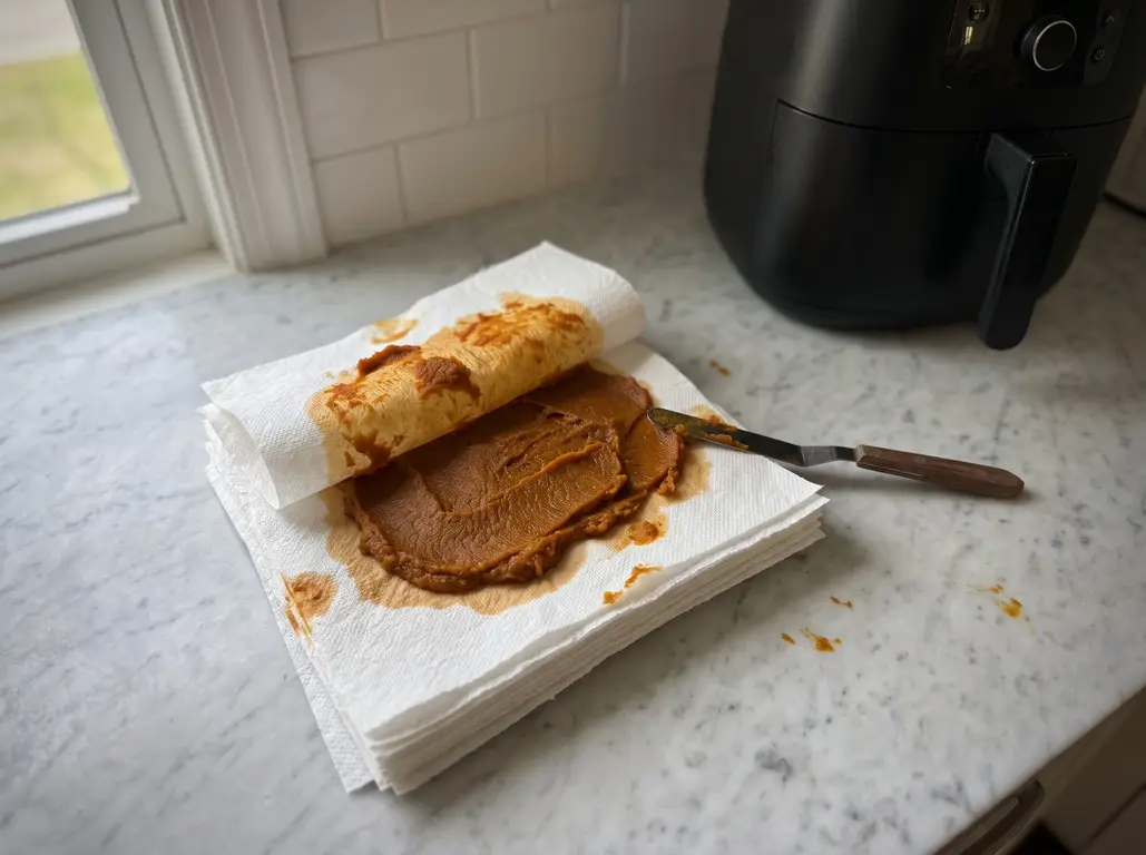 Pumpkin puree spread on paper towels, with the top towel peeled back after blotting