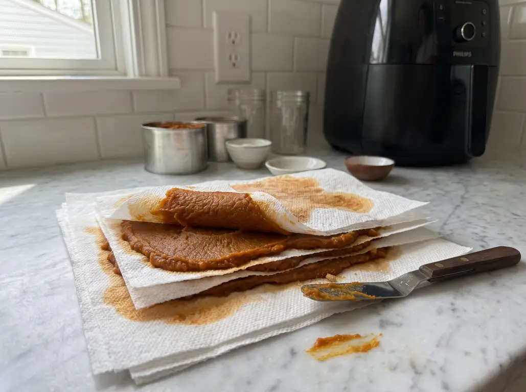 Pumpkin puree spread thin and blotted between layers of white paper towels on a marble counter, a small offset spatula alongside