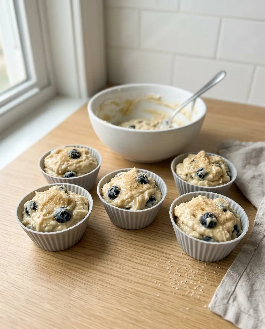 Five silicone baking cups filled with blueberry muffin batter and sprinkled with coarse sugar on a wooden counter