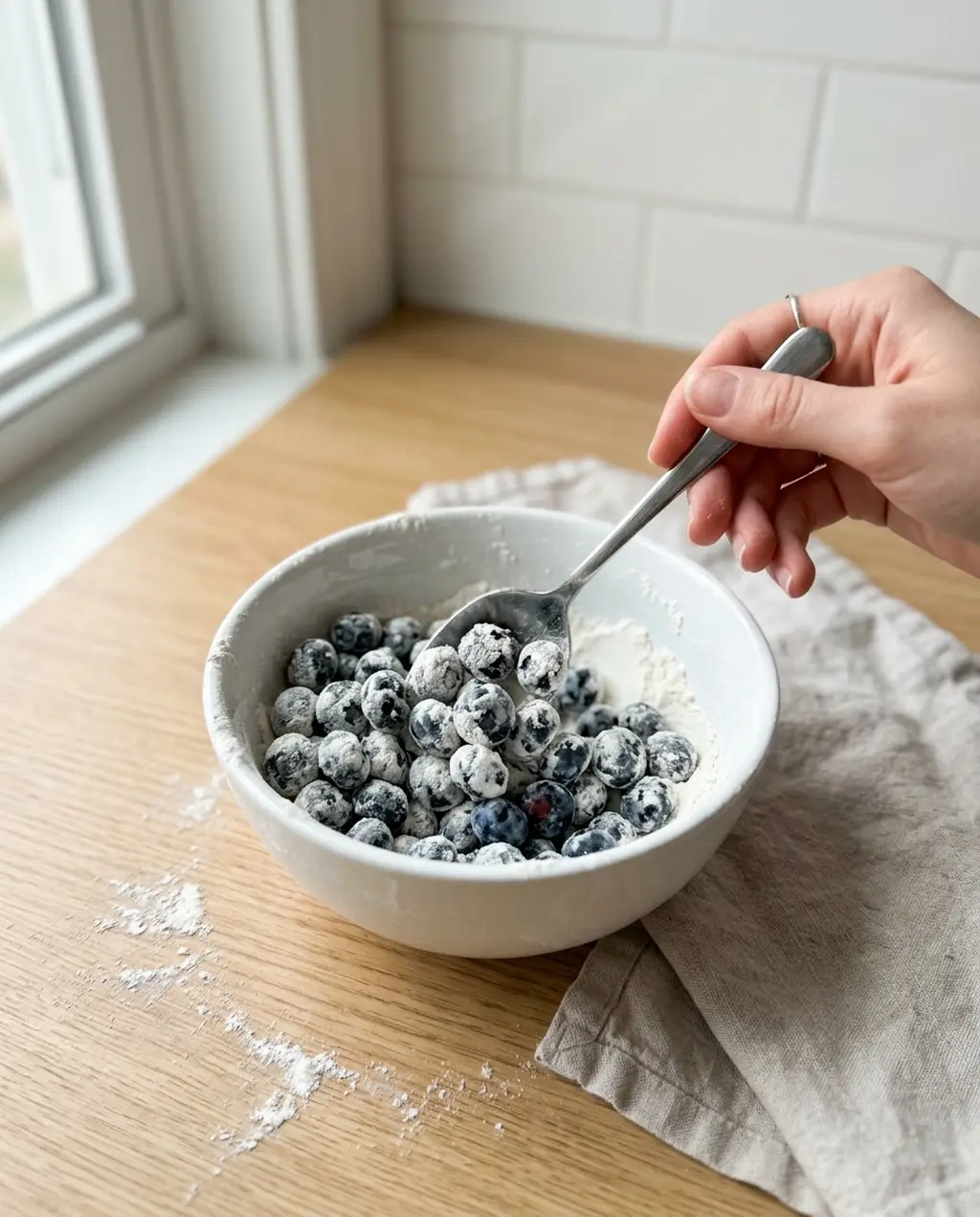 Fresh blueberries being rolled in flour with a spoon in a white bowl