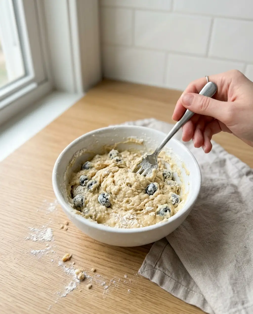 A fork stirring thick, lumpy blueberry muffin batter in a white bowl