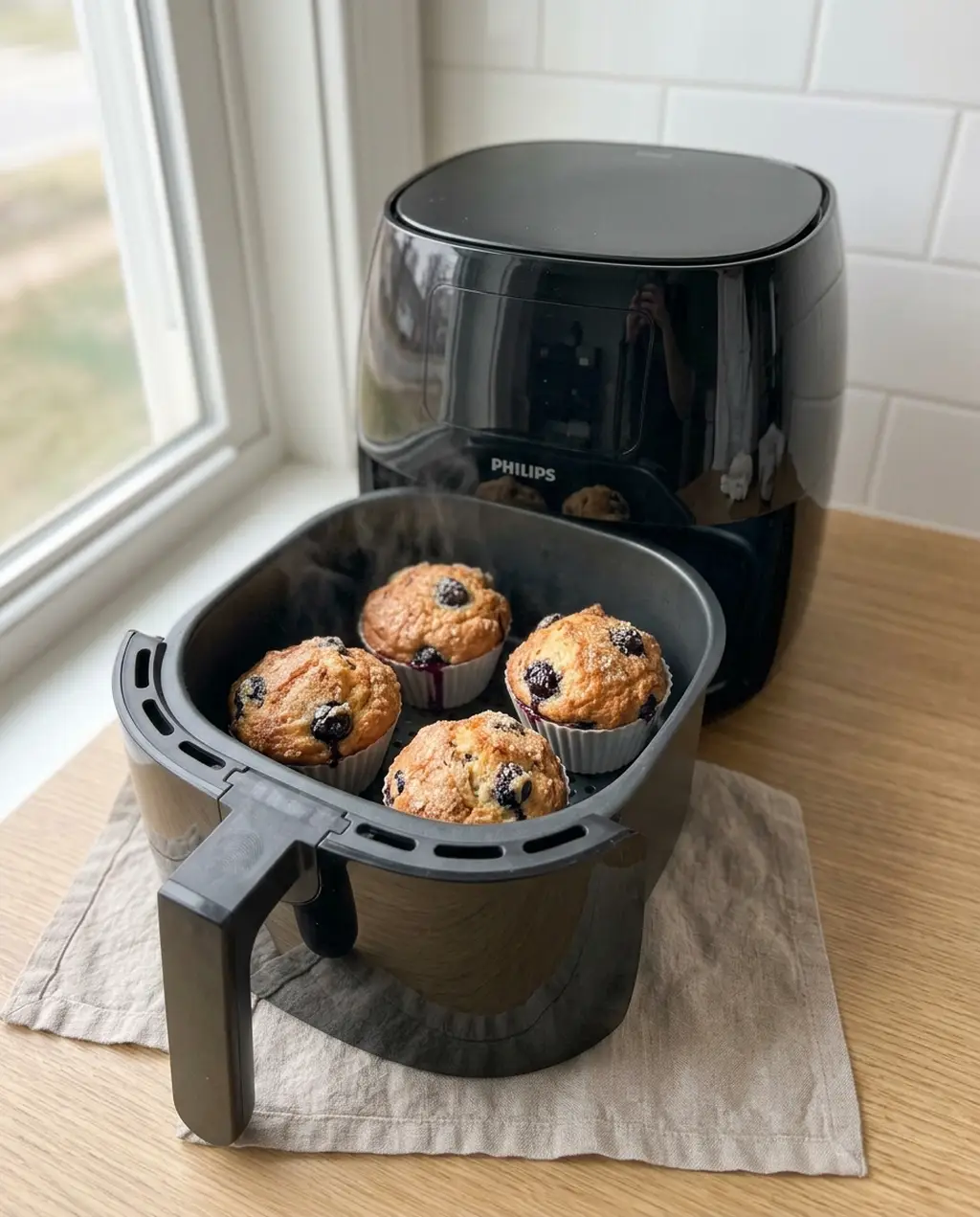 Four golden, domed blueberry muffins steaming in silicone cups in an open Philips air fryer basket