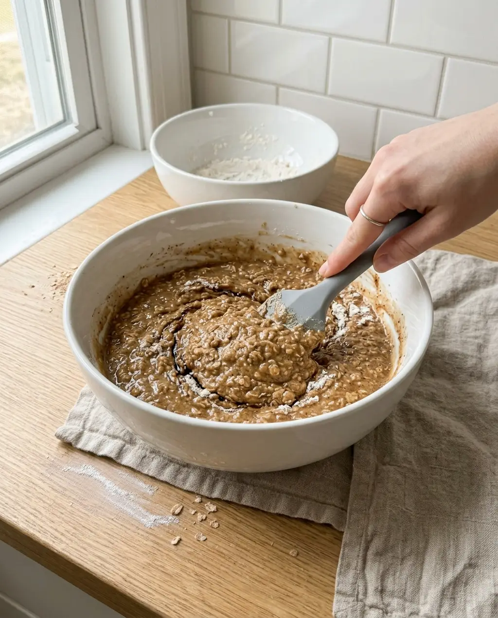 A silicone spatula folding thick, lumpy bran muffin batter in a white bowl, with the empty flour bowl behind it